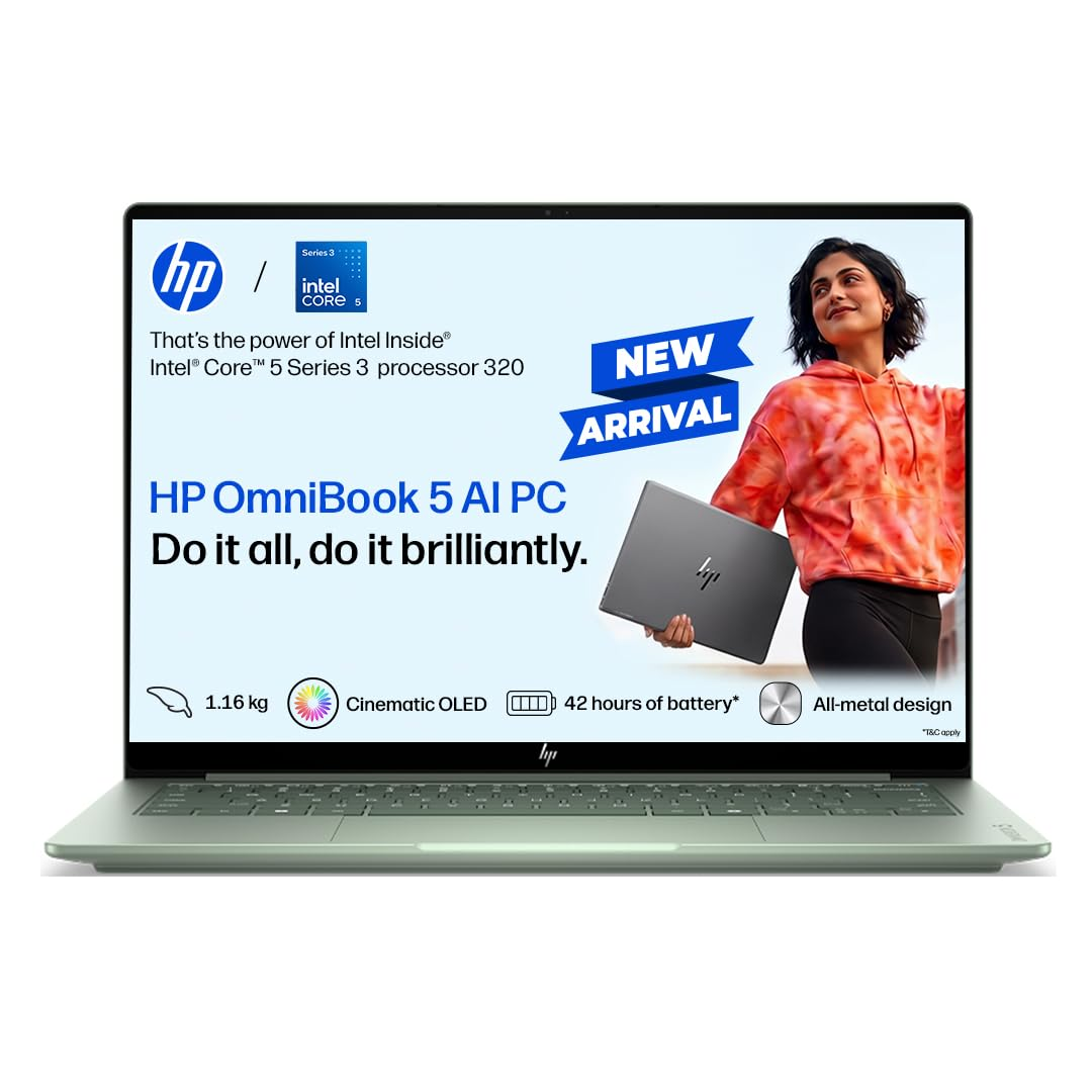 HP OmniBook 5 ● Intel Core 5 Series 3 Processor 320 ● 8GB LPDDR5 ●512GB SSD● 2K OLED● Gorilla Glass● 14''/35.6cm● Win11●Office24●Soft Honeydew● 1.16kg● mh0061TU● GaN Charger● 42hrs Battery ● AI Laptop