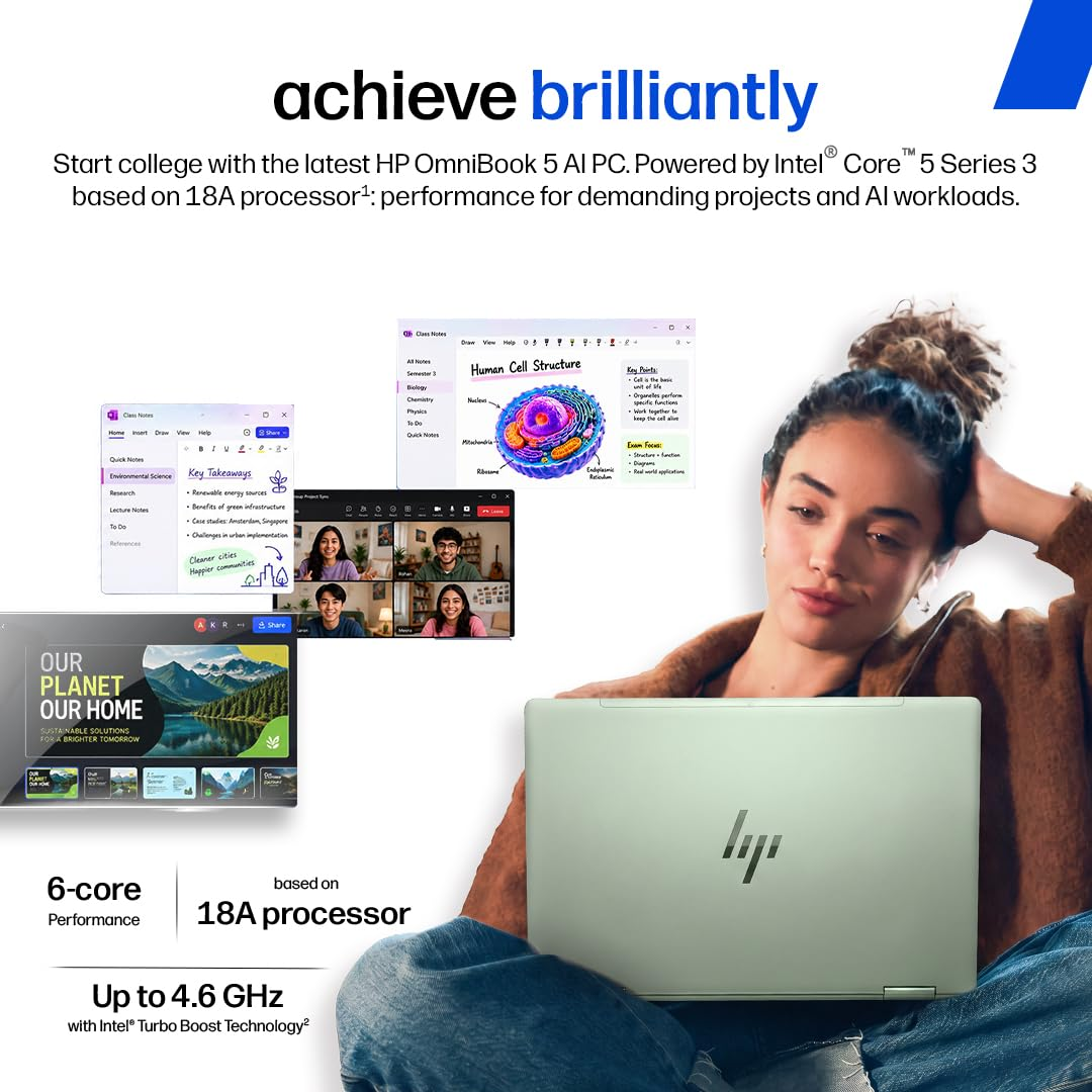 HP OmniBook 5 ● Intel Core 5 Series 3 Processor 320 ● 8GB LPDDR5 ●512GB SSD● 2K OLED● Gorilla Glass● 14''/35.6cm● Win11●Office24●Soft Honeydew● 1.16kg● mh0061TU● GaN Charger● 42hrs Battery ● AI Laptop - Image 3